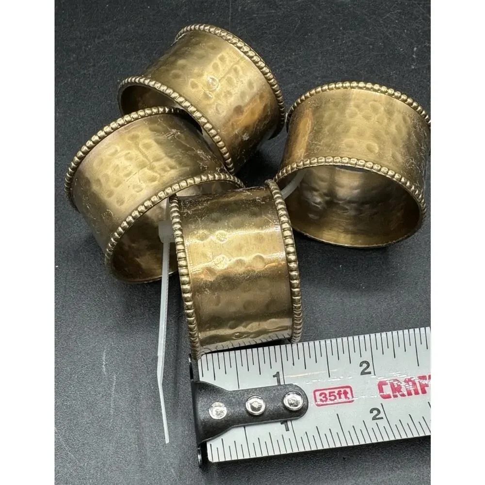 4 Vintage Hammered Brass Napkin Holder Rings Hollywood Regency Patina -A97